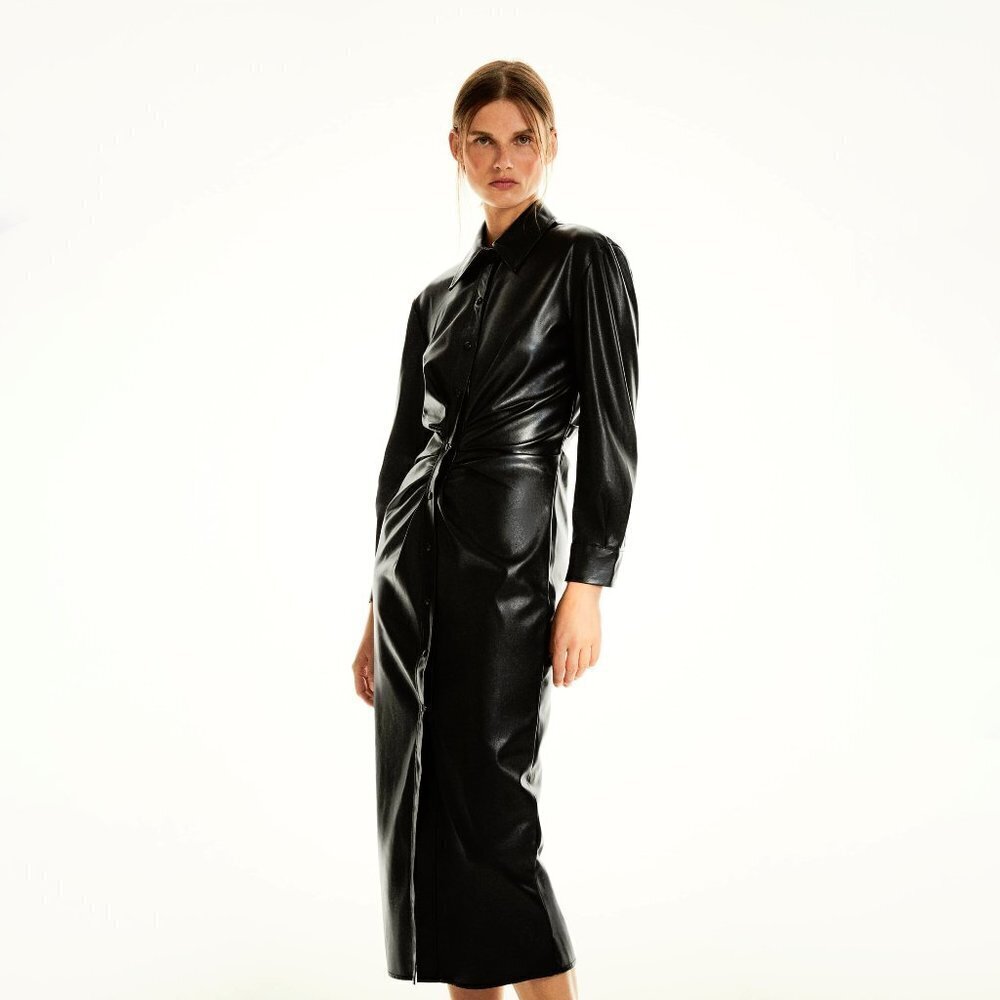 NWOT Zara black faux leather gathered waist button-up collared shirt dress, S